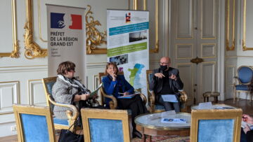 Brigitte Torloting (Präsidentin Oberrheinrat), Josiane Chevalier (Präsidentin Oberrheinkonferenz) und Frédéric Bierry (Sprecher der Säule Politik der TMO) beim Pressegespräch (17.01.23)